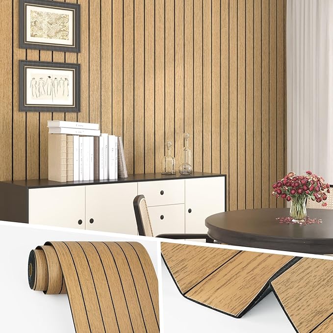 Wallercity Brown 3D Peel and Stick Wall Panels Wood Grain Textured Wall Slat Panel Self Adhesive Waterproof Plank Wallpaper for Kitchen Bathroom Soundproof Wooden Slatted Panels for Rooms 11.7''x197''
