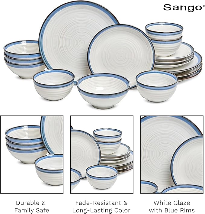 Sango Siterra Santorini 16-Piece Stoneware Dinnerware Set for 4, Ceramic White Plates and Bowls Sets with Blue Rim & Reactive Glaze, Chip Resistant Dish Set, Microwave & Dishwasher Safe Kitchen Dishes