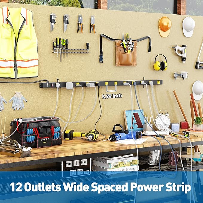 12 Outlet Industrial Power Strip with 15Ft Cord, 2 Pack 1875W Heavy Duty Metal Power Strip with Wide-Spaced Outlets & Overload Protection, ETL Listed for Garage, Workshop, Office, Home