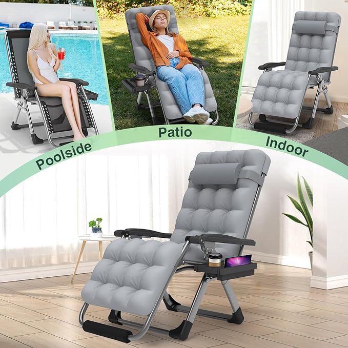Suteck Zero Gravity Chair, 26In Lounge Chair w/Removable Cushion & Headrest, Reclining Camping Chair w/Upgraded Lock, Large Cup Holder and Footrest, Reclining Patio Chairs Recliner for Indoor Outdoor
