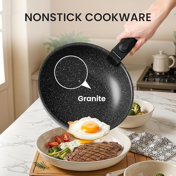 Simple Deluxe 12 Pcs Non-Stick Cookware Set, with Black Granite Texture and Detachable Handles, Resistant to High Temperatures, Oven Safe, PFAS and PFOA Free