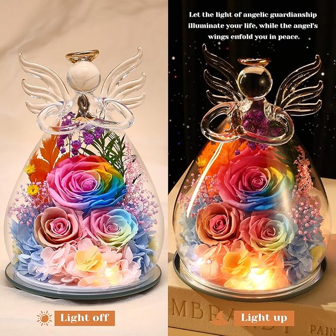 Gifts for Mom Birthday Gifts for Women Preserved Rose Forever Flower in Glass Angel Figurines Fresh Flowers for Delivery Anniversary Mothers Day Real Colorful Roses for Grandma Her Wife from Daughter