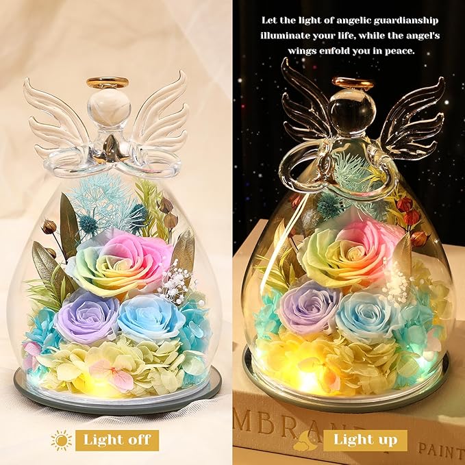 FIACO Gifts for Women Birthday Preserved Rose Forever Flower in Glass Angel Figurines Fresh Flowers for Delivery Prime for Mom Real Orange Roses for Grandma Sister Wife Her from Daughter