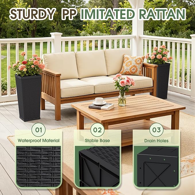 24 Inch Tall Plastic Planters (Set of 2), Detachable Inner Pot & Drainage Holes, Outdoor Decorative Flower Pots for Large Plants, Trees, Patio, and Garden, Black