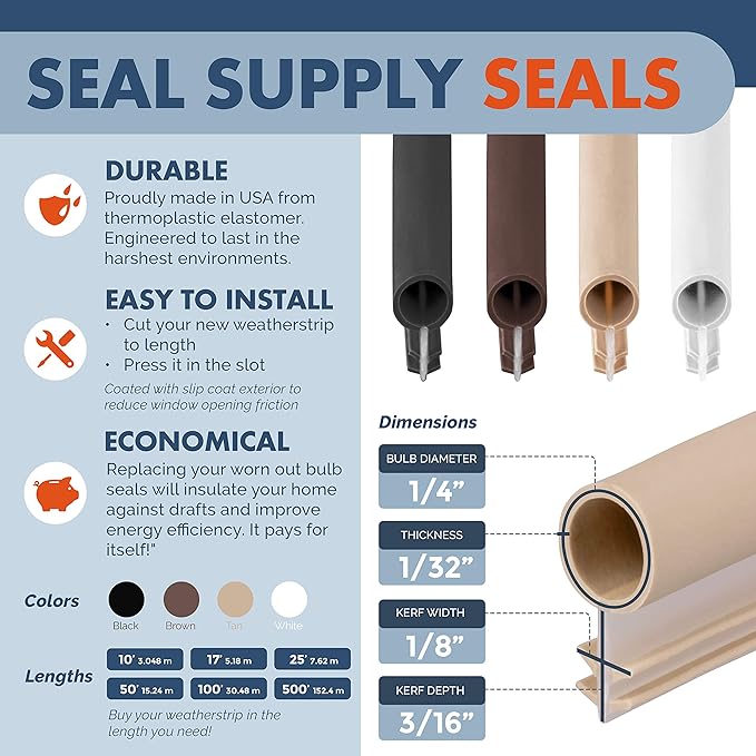 Window Weatherstrip Seal 1/4" Bulb Bubble Kerf Mount 4 Colors & 6 Length Options (50', Tan)
