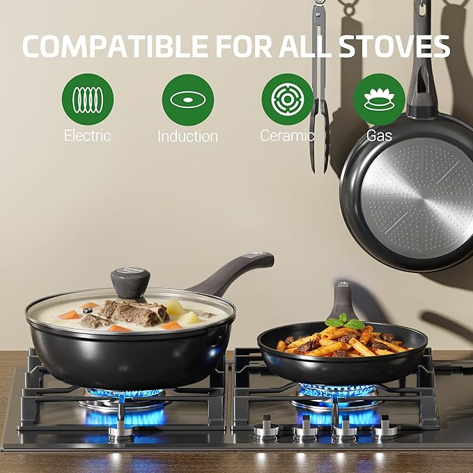 Nonstick Cookware Set, Titanium Coating Pan Set, Induction Cookware Oven Safe RV Kitchen Set, PFAS PFOA & PTFE Free, (8+11Inch with Lid)