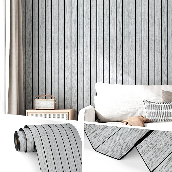 Wallercity Gray/White Wood Slat Wall Panel for Walls Self Adhesive Noise Cancelling Wood Panels for Bedroom Living Room Peel and Stick Acoustic Decorative 3D Sound Absorbing Wall Paneling 11.7''x118''