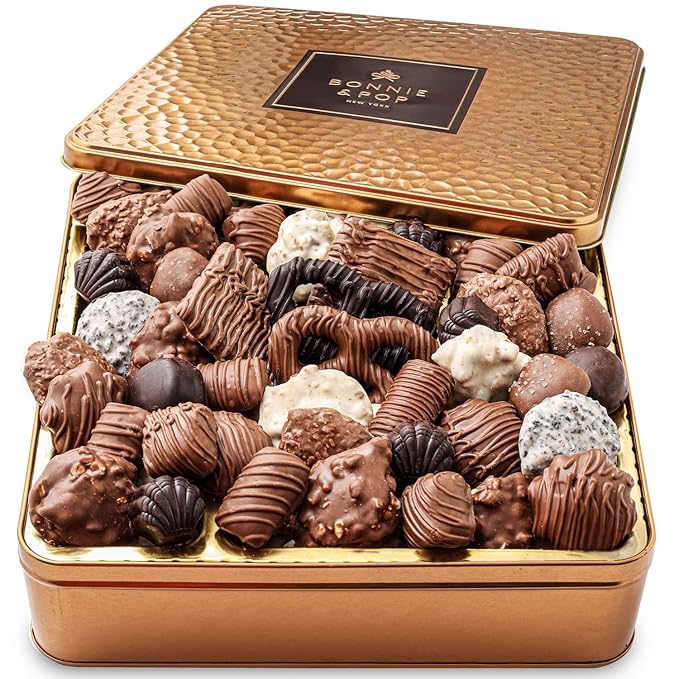 Chocolate Gift Basket, Gourmet Snack Food Box in Keepsake Tin, 2+ lbs of Chocolate, Great for Mothers Day, Birthday, Sympathy, Corporate, Family Parties & Get Well - Bonnie & Pop