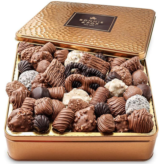 Chocolate Gift Basket, Gourmet Snack Food Box in Keepsake Tin, 2+ lbs of Chocolate, Great for Mothers Day, Birthday, Sympathy, Corporate, Family Parties & Get Well - Bonnie & Pop