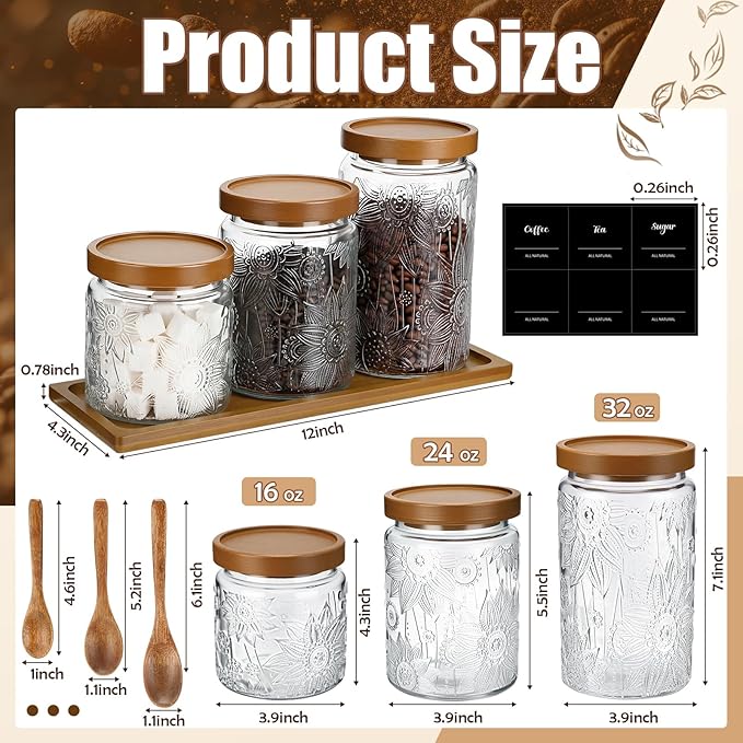3 Pcs Glass Coffee Container Set with Wooden Lid Spoon Shelf Labels Clear Sugar Tea Airtight Jar Food Storage Canisters Set for Spice Holder Coffee Bar Gifts(Sunflower,16oz,24oz,32oz)