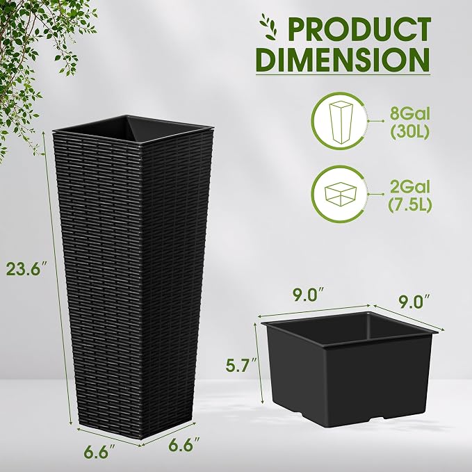Devoko Resin Tall Planters for Outdoor Plants Set of 2, Large Taper Outdoor Planter Pots with 4 Drainage Holes, Flower Pots Modern Decor for Porch, Patio, Backyard, Home Garden (Black, 23.6")