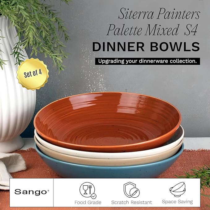 Sango Siterra Painter's Palette Stoneware Pasta Bowls (Set of 4) – Pasta & Serving Bowls, Earthy Reactive Glaze, Multi Assorted Colors, Microwave & Dishwasher Safe, for Everyday Dining & Entertainment