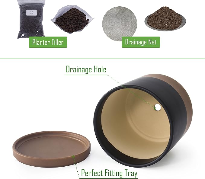 D'vine Dev 8 Inch Ceramic Planter Pot, Black/Tan, 94-O-D-7 | Modern Cylinder Design, Drainage Hole & Saucer Included, Stable Structure, Elegant Home Accent