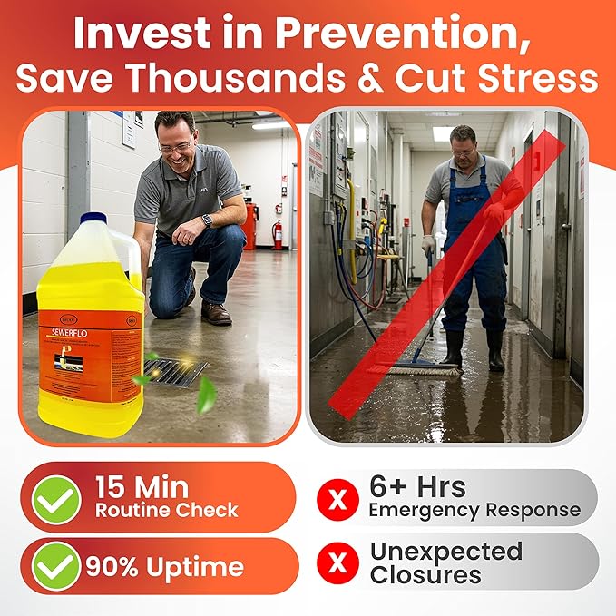 SewerFlo Main Line Sewer Drain Cleaner Heavy Duty, Clears Sand, Silt and Mud from Catch Basins, Breaks Up Clogs & Keeps Particles in Suspension, Safe & Concentrated (1 Galon)