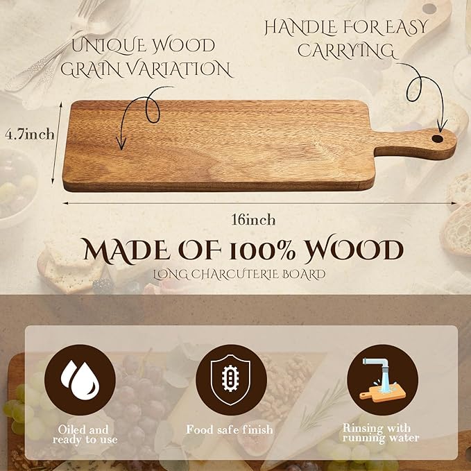 Nuenen 10 Pcs Wood Cutting Board with Handle 16.1 x 4.7 Inch Acacia Bamboo Wooden Serving Kitchen Chopping Boards for Pizza, Bread, Cheese, Charcuterie, Fruit, Vegetables(Narrow Acacia)