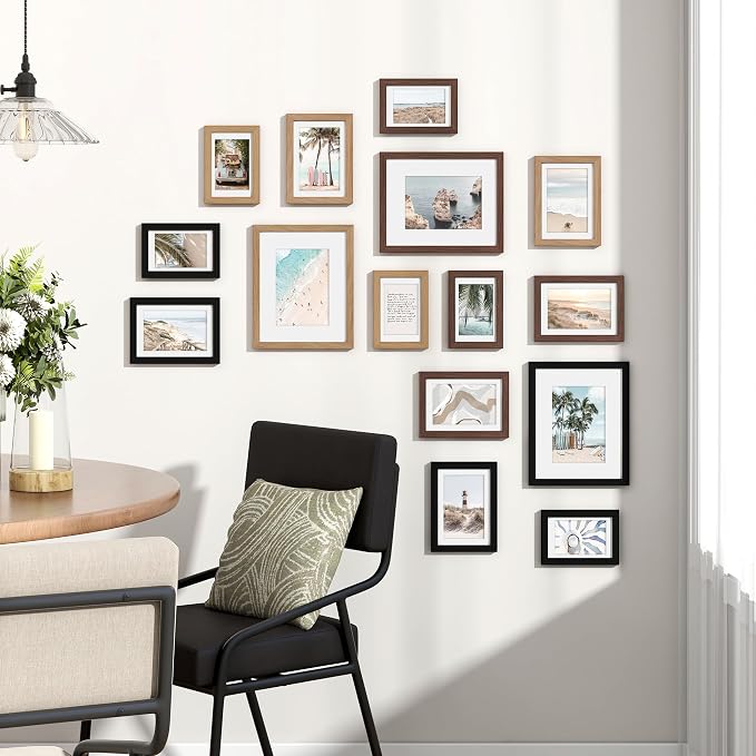 Venusmiles 15 Pack Picture Frames Collage Wall Decor, Gallery Frame Set for Wall Mounting or Tabletop Display, Multi Sizes Including 3pcs 8x10, 6pcs 5x7, 6pcs 4x6, Black+Oak+Walnut