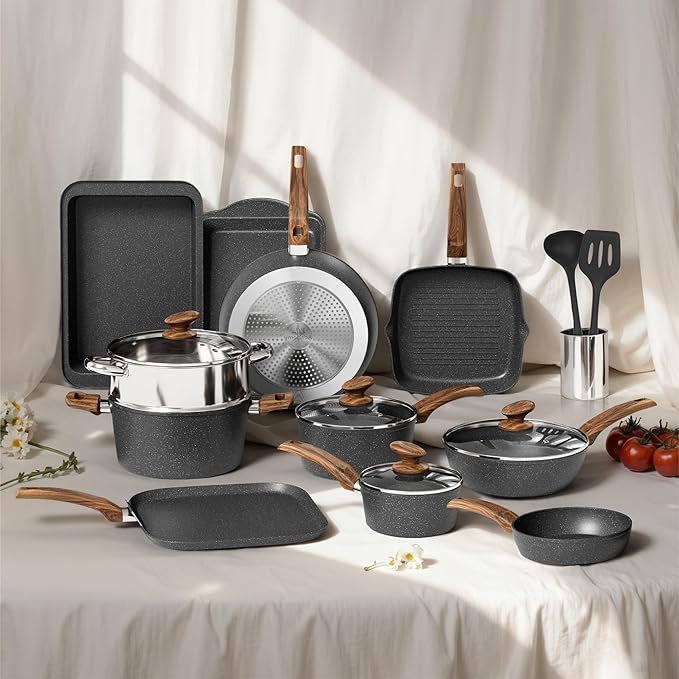 DishDelight 17Pcs Pots and Pans Set Non Stick, Granite Kitchen Cookware Sets, Induction Cooking Pan Set, Black