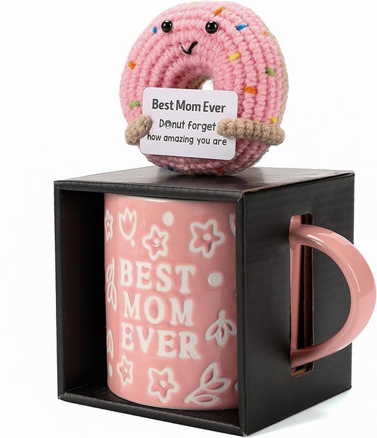 Mothers Day Gifts, Best Mom Ever Gifts for Mom from Daughter, Pink Floral Embossed Pattern Mother's Day Mug and Handmade Donut Crochet Gifts Set