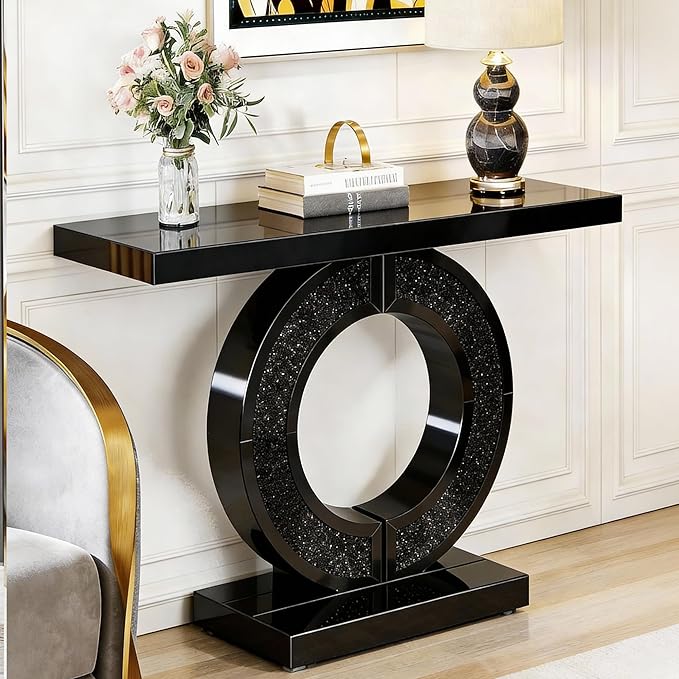SSLine 2-Piece Set Mirrored Console Table with Wall Mirror, 43" Modern Black Mirror Entryway Table with O-Shape Base, 35.4"x23.6" HD Mirror for Entryway Hallway
