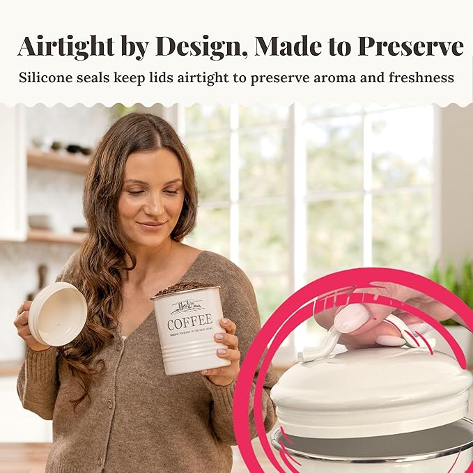 noonberry Kitchen Canisters for Countertop – 3-Piece Airtight Canister Set for the Kitchen Counter with Utensil Holder – Flour Sugar Containers – Cream-White Magnolia Finish