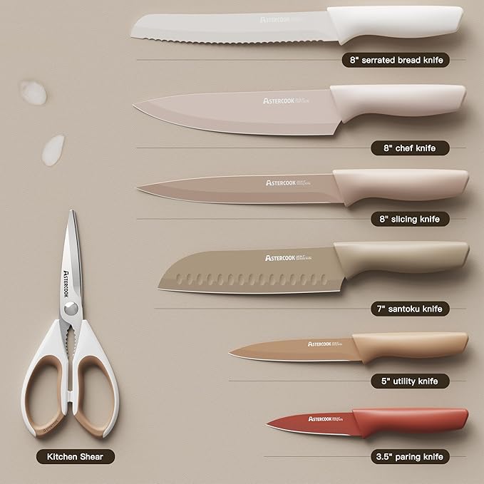 Astercook Knife Set, 13 Pieces Kitchen Knives Set with Healthy Anti-Rust Coating, Dishwasher Safe, Stainless Steel Chef Knife Sets with 6 Blade Guards, Perfect Mothers Day Gifts for Kitchen