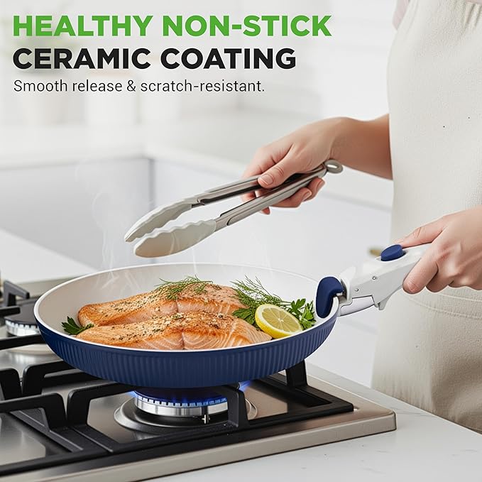 NutriChef 18-Piece Ceramic Cookware Set with Detachable Handles, Space-Saving Nonstick Pots, Pans & Lids, Oven-Safe Bowls, Stackable Storage, Includes Cooking Utensils & Accessories (Blue)