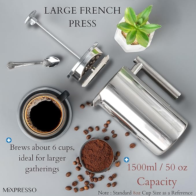 Mixpresso Large Stainless Steel French Press Coffee Maker 50 Oz 1500ml, Double Wall Insulated French Press Stainless Steel, Easy Clean Tea Brewer, Easy Press Durable Metal Coffee Press