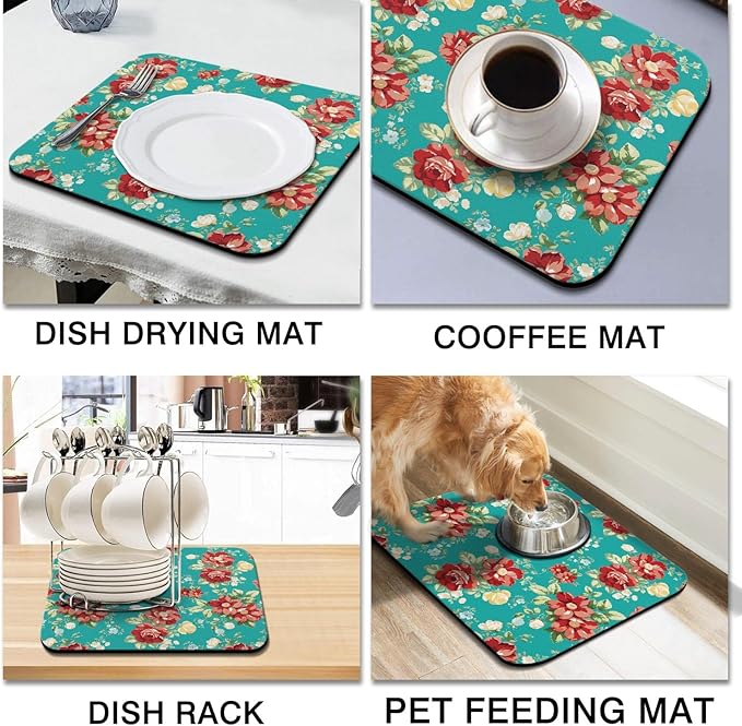 Coffee Bar Mat Accessories for Countertop Absorbent Hide Stain Rubber Backed Dish Drying Mats for Kitchen Counter Draining Pad Decor Gift (18x16in)