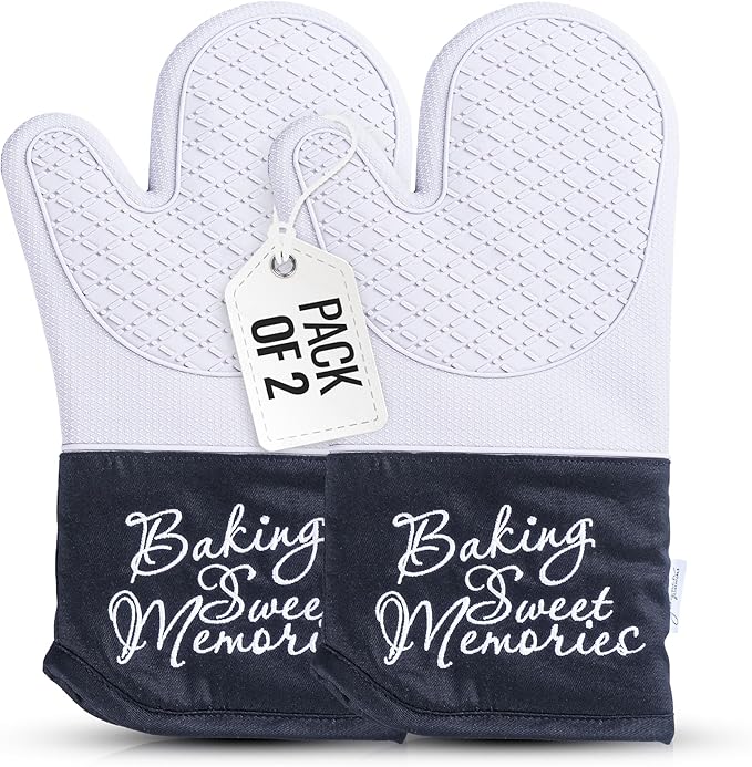Mitts - Long Slip Resistant Pot Holders - Silicone Oven Mitts - Baking Gloves for Oven - Perfect for Baking, BBQ, Cooking, and Grilling, Oven Mitts Set of 2, 7''x13'' (Grey)