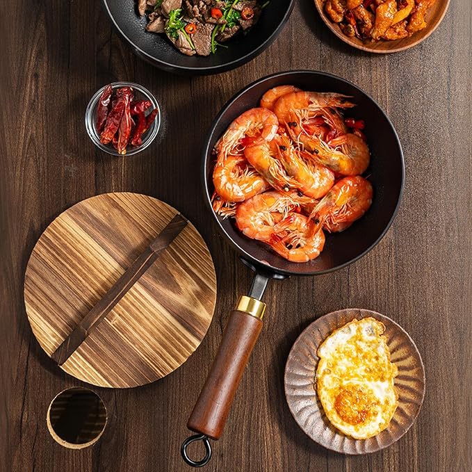 Mini Carbon Steel Wok Pan with Wooden Lid, Nonstick Stir Fry Skillet, Detachable Wooden Handle, Multi-Functional Cooking Pan for Gas Stoves,20cm/7.9in(20cm/7.9in)