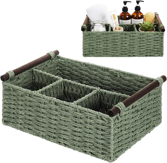 Remerry Sage Green Bathroom Countertop Organizer Caddy, Wicker-Like Divided Basket with Handle and Metal Frame, 4 Compartment, Paper Rope Storage Organizer for Vanity Kitchen (15.35 x 10.24 x 6.3 in)