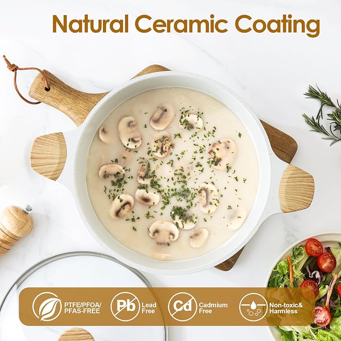 SENSARTE Ceramic Nonstick Stock Pot with Lid, 7 Quart, White | Healthy Nontoxic Ceramic Coating, PFAS & PTFE Free, Compatible with All Stoves Including Induction Cooktops, Easy to Clean