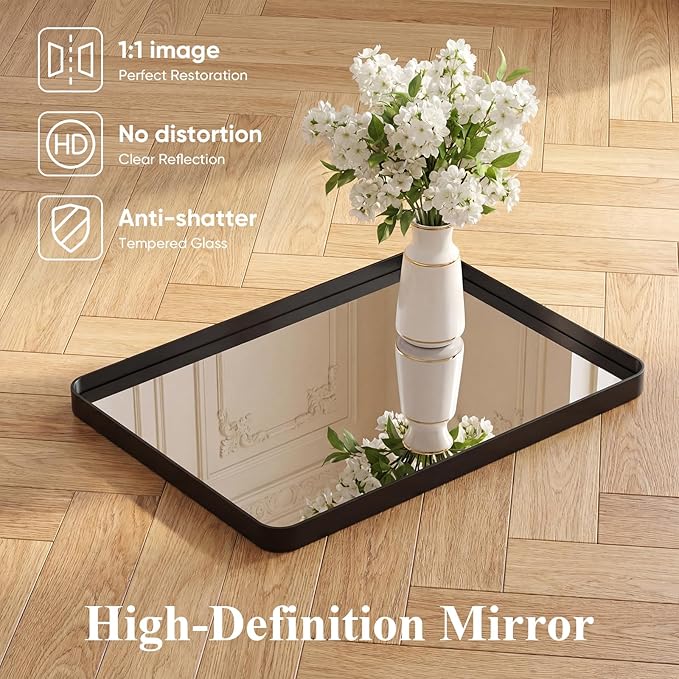 Sweetcrispy Bathroom Wall Mirror, 36x24 Inch Mirror for Over Sink, Black | Modern Wall Mount Vanity Mirror Rounded Rectangle with Matte Brush Metal Framed, for Home Decor, Living Room, Bedroom