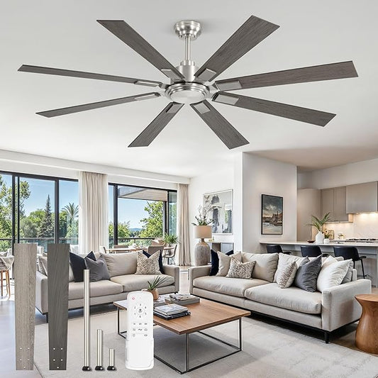 65 Inch Brushed Nickel Modern Ceiling Fan No Light with Remote, Outdoor Ceiling Fans Without Light with Quiet Reversible DC Motor, 6 Speeds, 8 Blades Large Ceiling Fan for Patios, Living Room, Garage