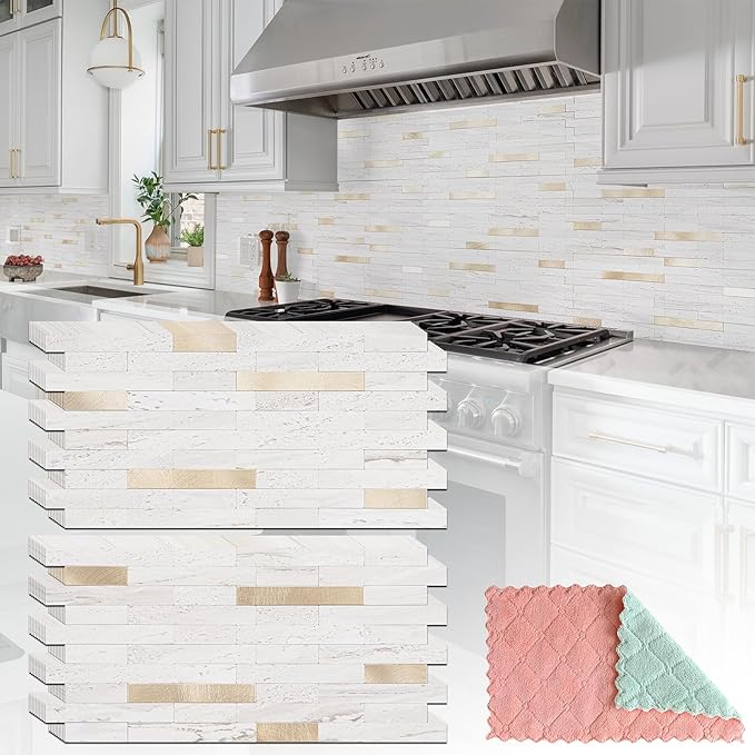 StyloVue 20 Sheets Peel and Stick Backsplash for Kitchen, Pearl White Sandstone with Metal Gold Look Stick on Tile Upgrade Your Kitchen Backsplash, RV, Fireplace