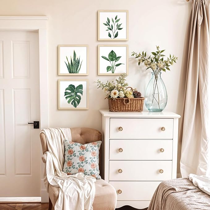 ArtbyHannah Framed Bathroom Wall Art Decor, 10x10 Inch 4 Pack Botanical Gallery Wall Frame Set Modern Farmhouse Sage Green Prints Artwork for Spa, Restroom, Bedroom, Office Decoration (Beige)