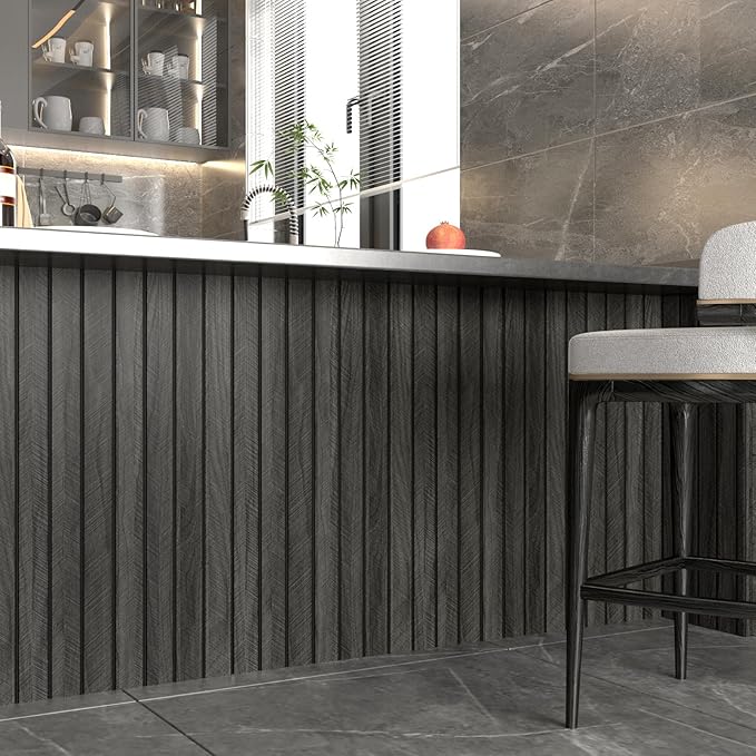 Wallercity 3D Gray/Black Wood Panels for Walls Self Adhesive Wood Slat Wall Paneling for Bedroom Bathroom Thick Peel and Stick Flexible Wooden Wall Panel for Living Room Kids Room Ceiling 11.7''x118''