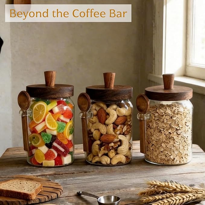 3-Pack 20oz Glass Coffee Container Set - Clear Airtight Canister with Wooden Lid Spoon Tray Labels, Food Storage Jar for Coffee Bean, Tea, Sugar, Housewarming Gift