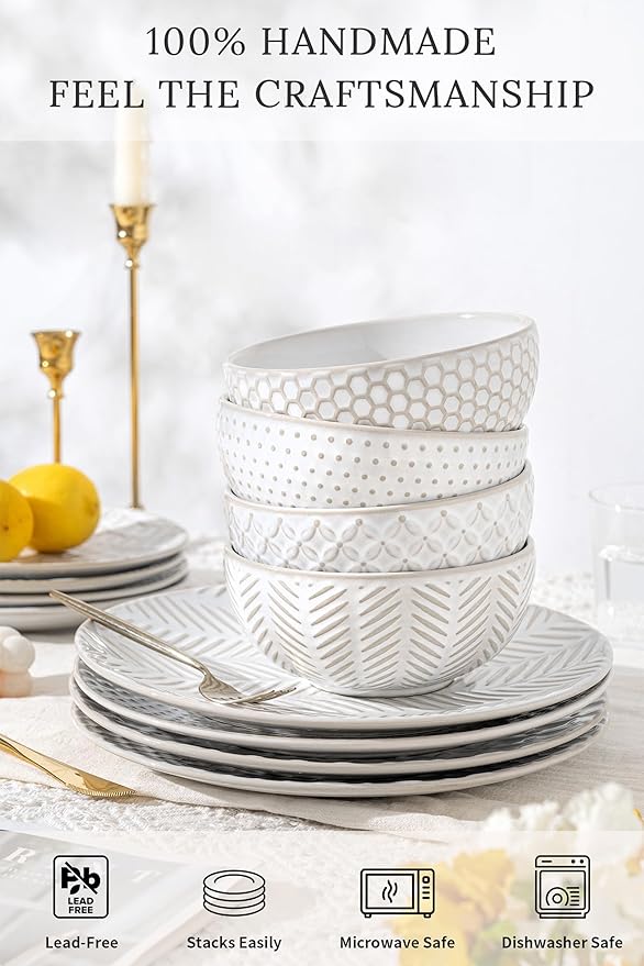 FOBENTA 18 Piece Embossed Dinnerware Sets for 6, Scratch-Resistant Plates and Bowls Sets, Microwave & Dishwasher Safe, Elegant Stoneware for Family Gatherings – A Gift for Growing Households