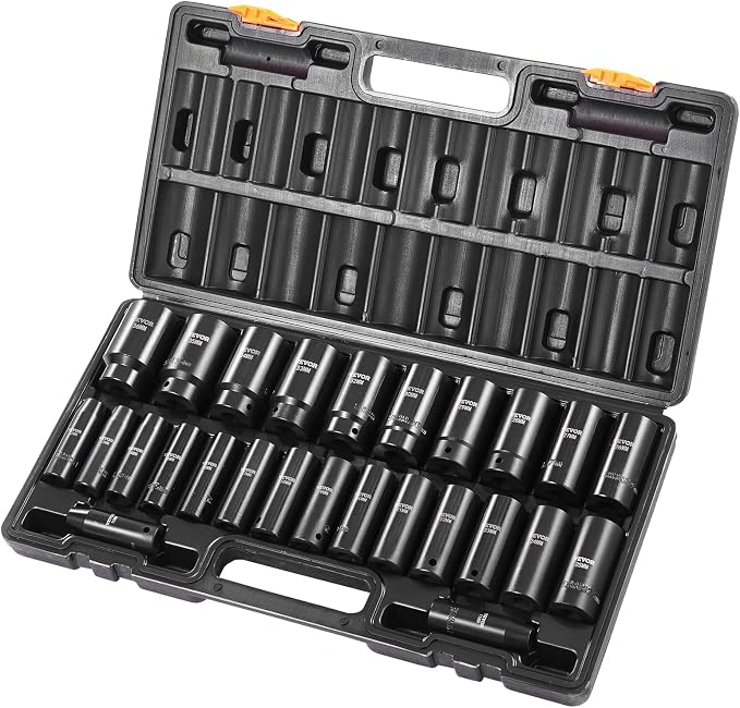 VEVOR Impact Socket Set 1/2 Inches 26 Piece Deep Sockets, 6-Point, Rugged Construction, Cr-V, 1/2 Inches Drive Socket Set Impact Metric 10mm - 36mm, with a Storage Cage