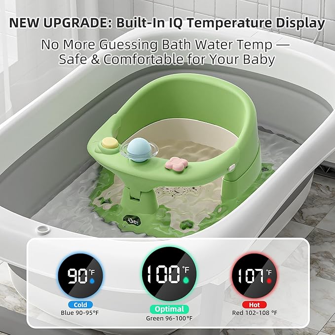Baby Bath Seat for Babies 6 Months & up with Thermometer, Non-Slip Toddler Bath Seats for Sitting Up, Safe Infant & Newborn Bathtub Chair with 4 Suction Cups, Soft Cushion & Temperature Display, Green