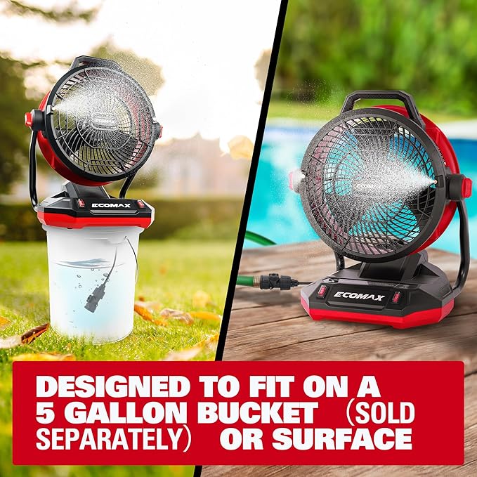 ECOMAX 12" AC/DC Bucket Top Misting Fan, Cordless with 2x20V Batteries & 2A Charger, 2-Speed Airflow & 2-Speed Mist Cooling Fan for Outdoor, Patio, Camping, Fits for 5-Gallon Bucket & Garden Hose