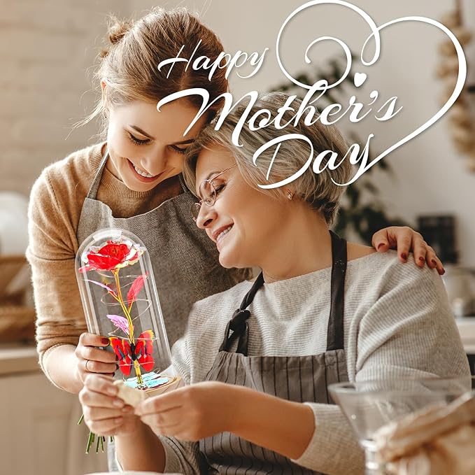 Otlonpe Preserved Forever Mothers Day Flower Gifts for Mom, Glass Rose Wood Base Colorful Light Butterfly Gifts for Women Grandma Girlfriend Wife Her, Valentines Mothers Day Christmas Birthday