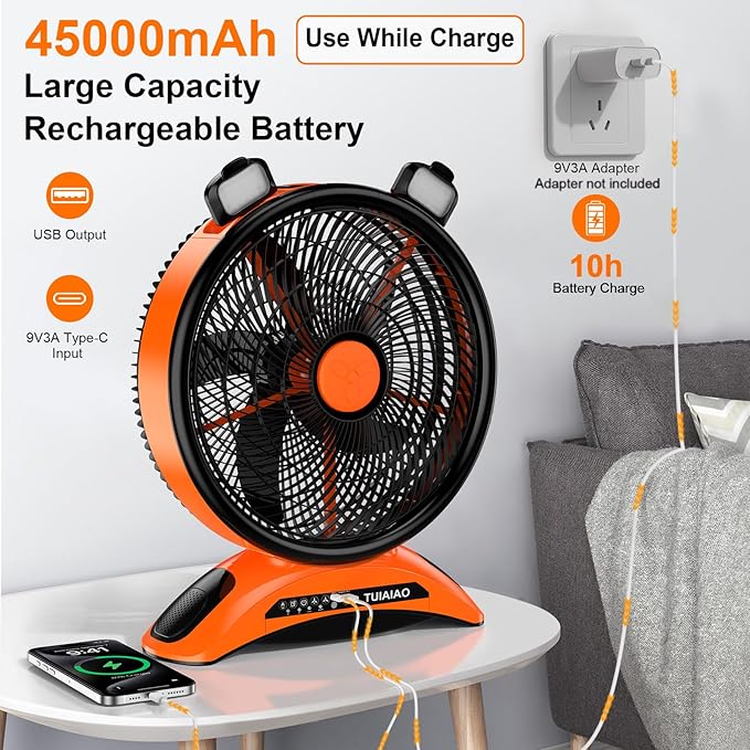 45000mAh Big Battery Powered Camping Fan, 12-Inch Blades Portable Rechargeable Outdoor Fan with LED Light, 3 Speeds Cordless Floor Fan with Remote and Timer for Garage, Patio, RV