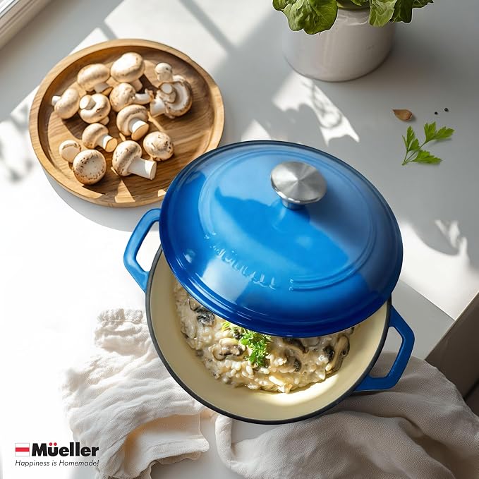MUELLER HOME 7.5 QT Enameled Cast Iron Dutch Oven, Heavy-Duty Casserole Dish and Braiser Pan with Lid and Stainless Knob, Oven-Safe up to 500° F & Across All Cooktops, Aqua Blue | Heavy-Duty Casserole Dish and Braiser Pan, Lid with Stainless Knob, Oven...
