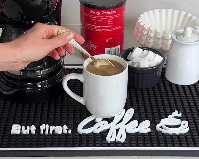 But First Coffee Silicone Bar Mat for Countertop 18x12 in, Coffee Lover Gift, Housewarming Gift, Non-Slip Espresso Machine Mat, Barista Accessories, Bar Decor