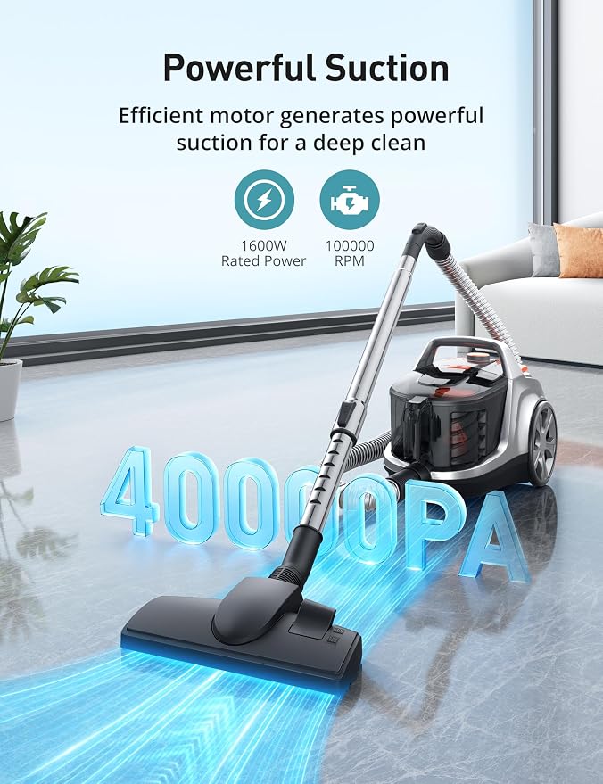 Aspiron Canister Vacuum Cleaner, 40Kpa Bagless Vacuum Cleaners, 4QT Large Dust Cup, Double HEPA Filter, Retractable Cord, 1600W Lightweight Vacuum Cleaner with 5 Tools for Hard Floors, Amber