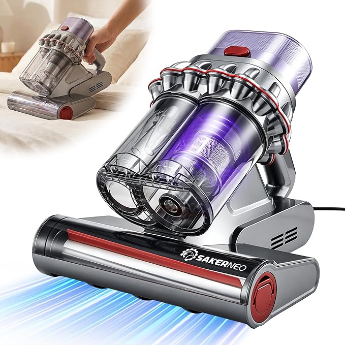 SAKERNEO Powerful Bed Vacuum Cleaner with Digital Display, 5-Cyclone Filtration, 14kPa Strong Suction, HEPA Filter, Handheld Vacuum for Mattress, Carpet, Sofa and Pet Hair