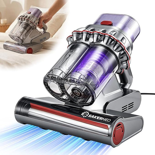 SAKERNEO Powerful Bed Vacuum Cleaner with Digital Display, 5-Cyclone Filtration, 14kPa Strong Suction, HEPA Filter, Handheld Vacuum for Mattress, Carpet, Sofa and Pet Hair
