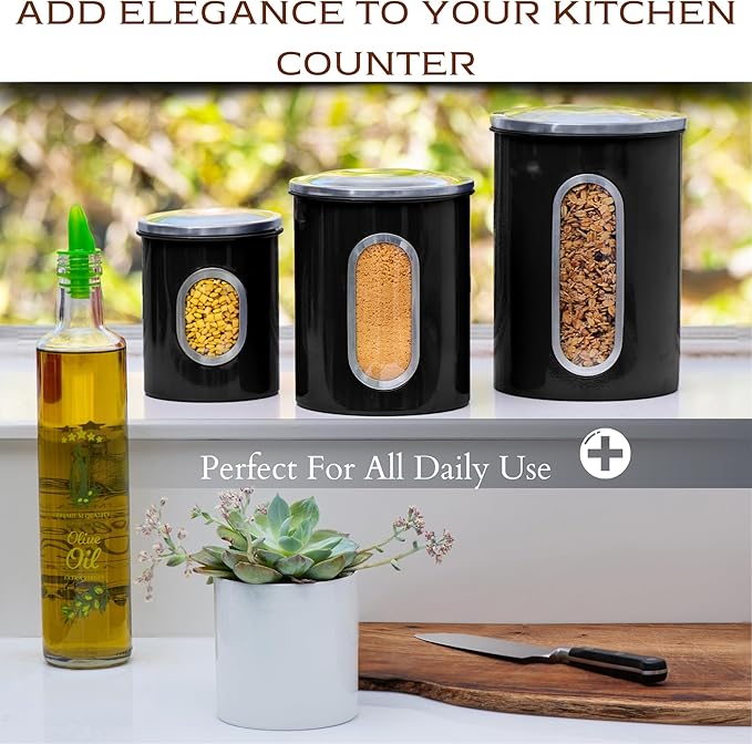 Moss & Stone 3-Piece Black Canisters Sets For The Kitchen, Airtight Canister Set With See Through Window, Storage Jars for Coffee Container, Tea Organizer & Sugar Canister, Black Kitchen Canisters